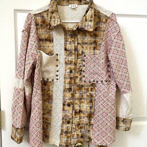 NEW LADIES SIZE S POL PINK PURPLE CROCHET PLAID STUDS BUTTONED SHIRT SMT2470